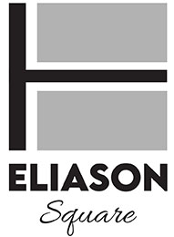 The image shows a graphic design with the words "ELIASON Square" in black text, with a stylized letter "H" to the left and two shaded rectangles to the right.