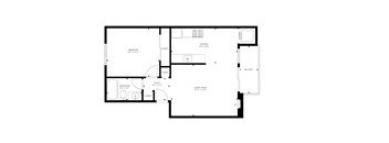 A floor plan of a house with a bedroom, bathroom, living room, kitchen, and balcony.