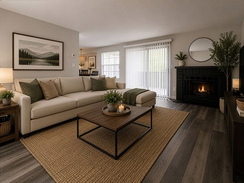 A living room with a white couch, a coffee table, and a fireplace.