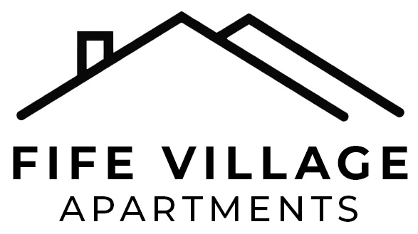 A black and white image of a house with the words "Fife Village Apartments" written underneath it.