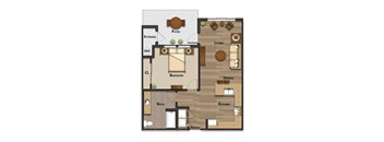 A floor plan of a house with a living room, kitchen, dining room, bedroom, bathroom, laundry room, and storage.