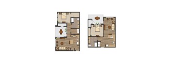 Two images of a house layout with rooms and furniture.