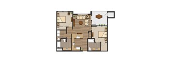 A floor plan of a house with a kitchen, living room, and two bedrooms.