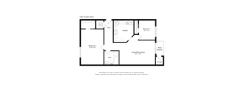 A black and white drawing of a first floor layout with a living room, two bedrooms, a kitchen, a bathroom, and storage.