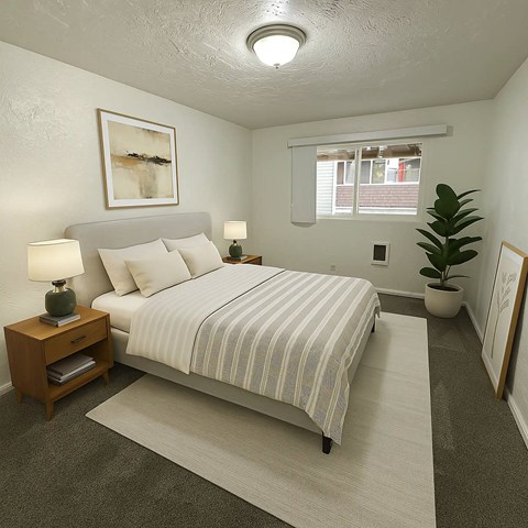 A bedroom with a bed, nightstand, and a plant.