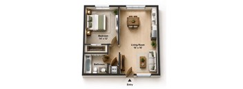 A diagram shows a living room, bedroom, and bathroom layout.