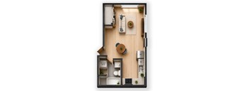 A top-down view of a small apartment layout with a kitchen, living room, and bathroom.