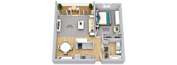 A 3D floor plan of a living room and bedroom.