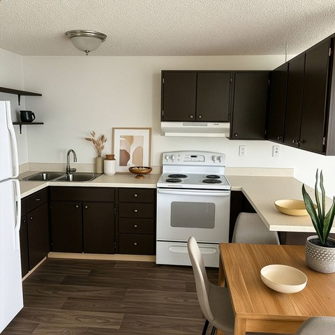 A kitchen with a white stove top oven and black cabinets.