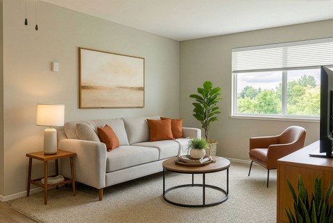 A living room with a grey couch, a coffee table, a lamp, a painting, a plant, and a window with blinds.