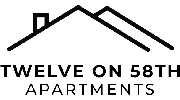 A black and white image of a house with the words "Twelve on 58th Apartments" written below it.