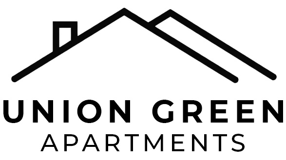 A black and white image of a house with the words Union Green Apartments.