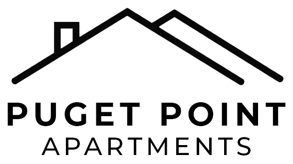 A black and white image of a house with the words "Puget Point Apartments" written underneath it.