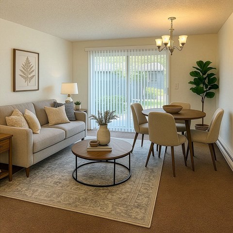 A living room with a grey couch, a coffee table, a dining table with chairs, a floor lamp, and a potted plant.