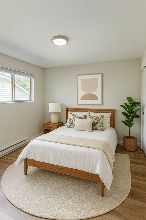 A bedroom with a bed, nightstand, and a plant.
