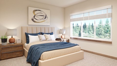 A bedroom with a large bed and a painting above it.