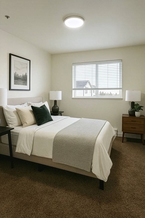 A bedroom with a bed, nightstand, and a window with blinds.