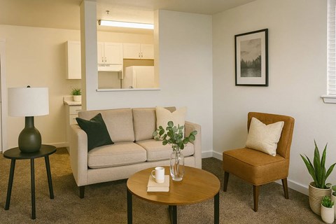 A living room with a couch, chair, and table.