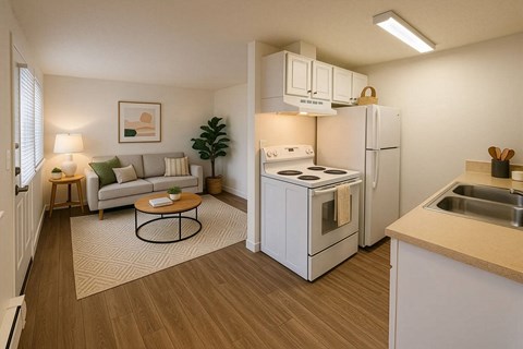 A small kitchen with a white refrigerator and a white stove top oven.