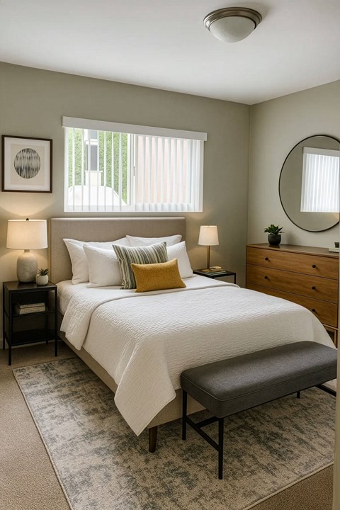 A bedroom with a bed, nightstands, and a bench.