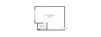 A floor plan of a small room with a bath and an entry point.