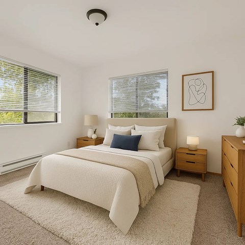 A bedroom with a large bed, nightstands, and a framed picture on the wall.