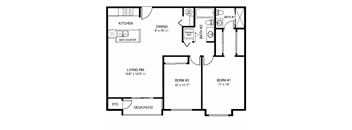 A black and white floor plan of a house with a kitchen, dining area, two bathrooms, a living room, two bedrooms, and a deck/patio.
