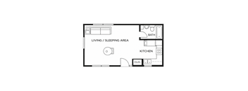 A black and white floor plan of a small apartment with a living/sleeping area, kitchen, and bathroom.