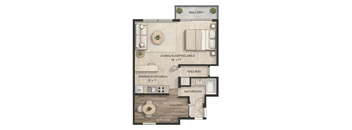 A floor plan of an apartment with a living/sleeping area, dining/flex area, bathroom, kitchen, and balcony.