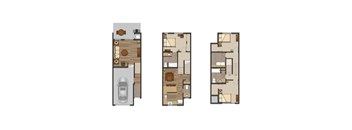 Three different layouts of a house with a car parked in the driveway.