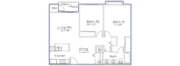 A floor plan of a house with a deck/patio, living room, kitchen, dining area, bathroom, and two bedrooms.