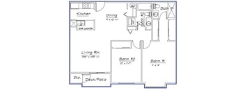 A blueprint of a house layout with a kitchen, dining area, and two bedrooms.