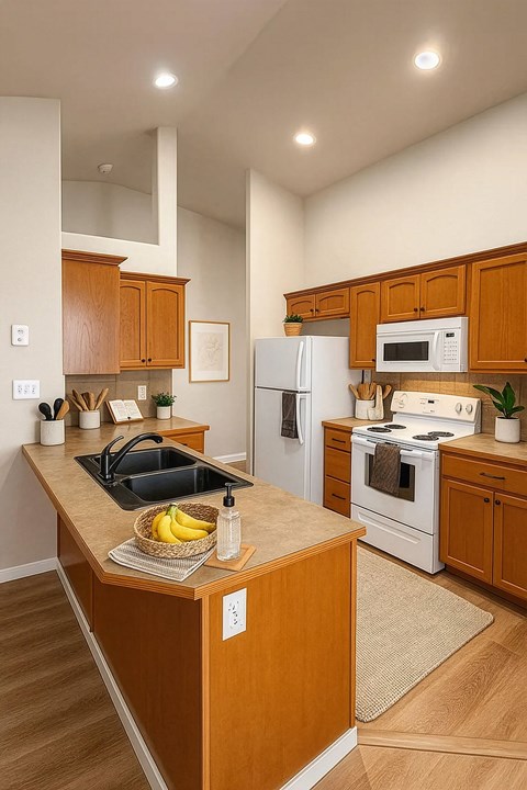 A kitchen with wooden cabinets and a white refrigerator.