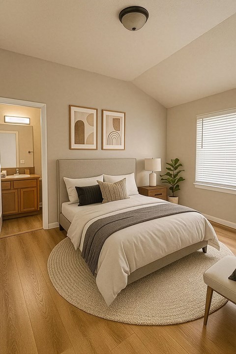A bedroom with a bed, a mirror, and two framed pictures on the wall.