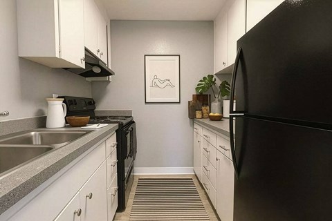A black refrigerator sits in a kitchen with white cabinets and a grey counter.