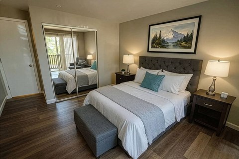 A bedroom with a large bed and a painting of a mountain scene above it.