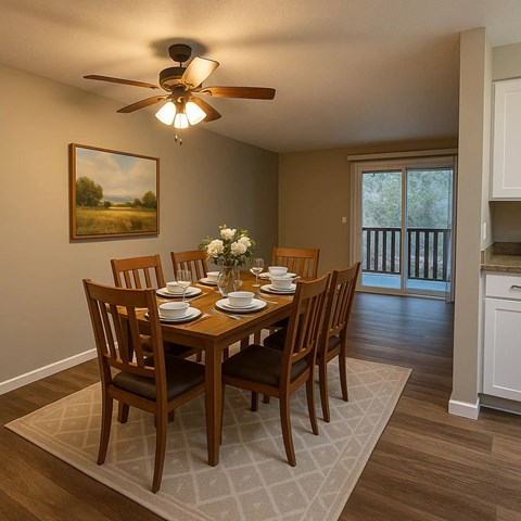 A dining room with a table set for six.