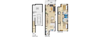 A floor plan of a house showing the layout of the lower floor, main floor, and upper floor.