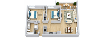 A 3D floor plan of a house showing two bedrooms, a dining area, and a kitchen.
