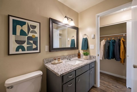 A bathroom with a white toilet, a sink with a marble countertop, a mirror above the sink, a wooden floor, and a painting on the wall.