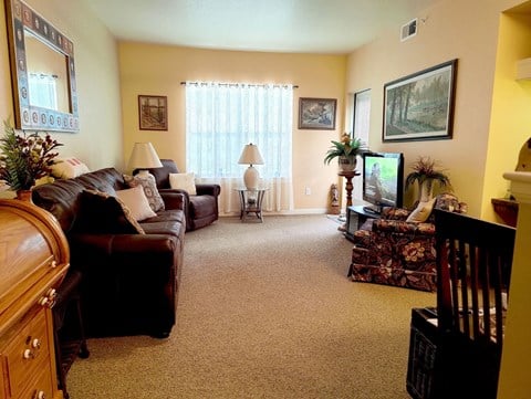 A living room with a brown couch and a wooden dresser.