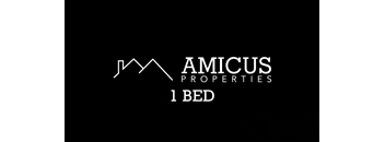 A black background with white text that reads "AMICUS PROPERTIES 1 BED".