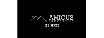 A black background with white text that reads "AMICUS PROPERTIES 21 BED".
