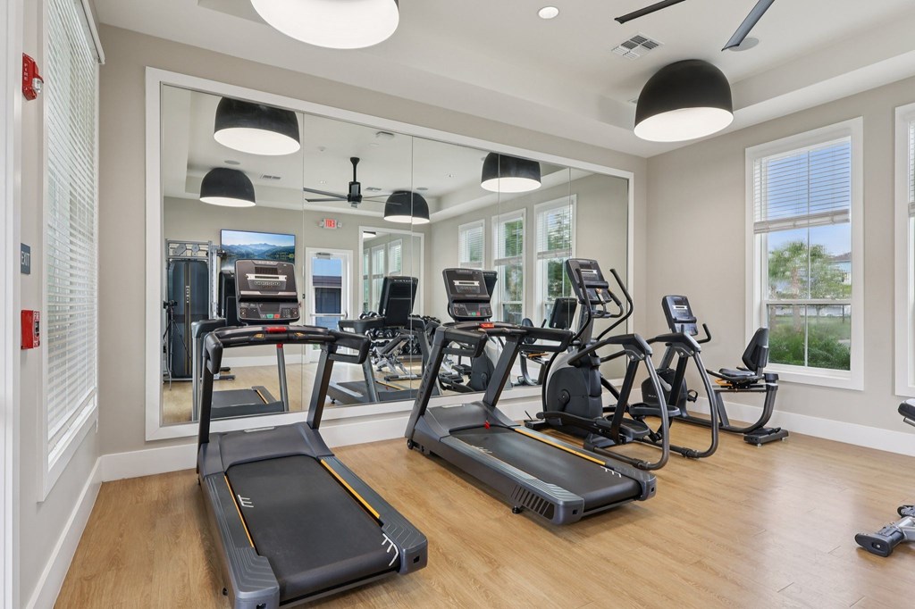 A spacious home gym with treadmills, elliptical machines, and a mirrored wall.