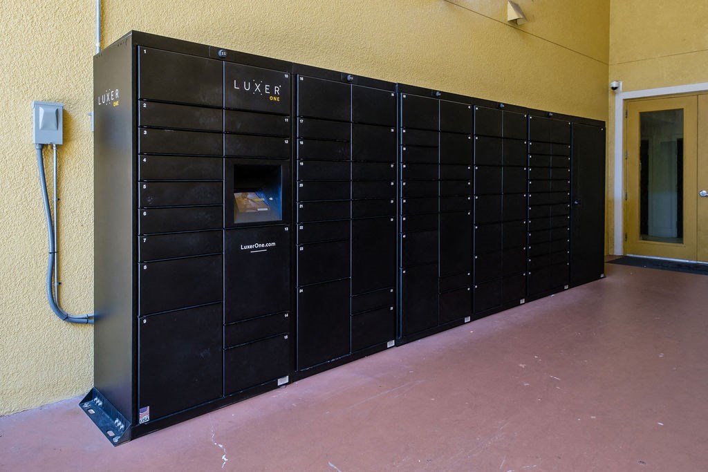 a large group of lockers in a room