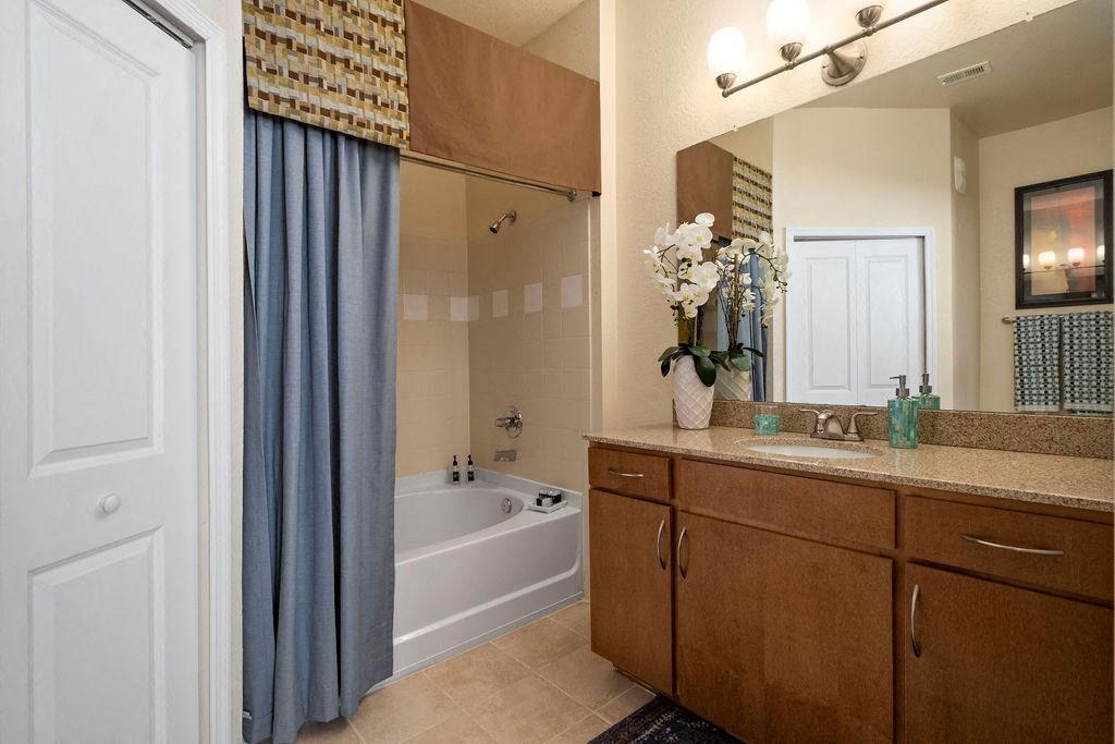 a bathroom with a tub and a sink and a mirror