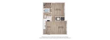 A floor plan of a small apartment with a bedroom, living room, kitchen, and bathroom.