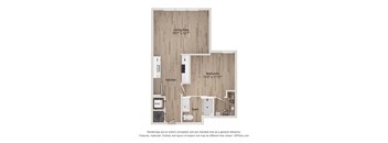 A floor plan of a small apartment with a living area, kitchen, bathroom, and bedroom.
