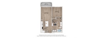 A 3D floor plan of a house with a living room, kitchen, bedroom, and bathroom.
