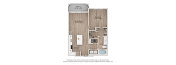 A floor plan of a room with a living room, kitchen, bathroom and bedroom.